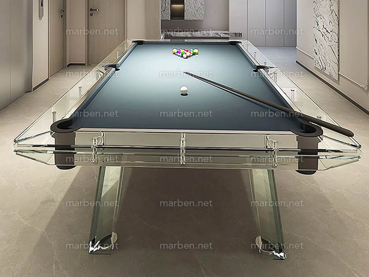 MESA DE BILLAR LUXURY GLASS1,  DE CRISTAL TEMPLADO ESTRUCTURA DE ACERO INOXIDABLE, 7FT ó 8FT